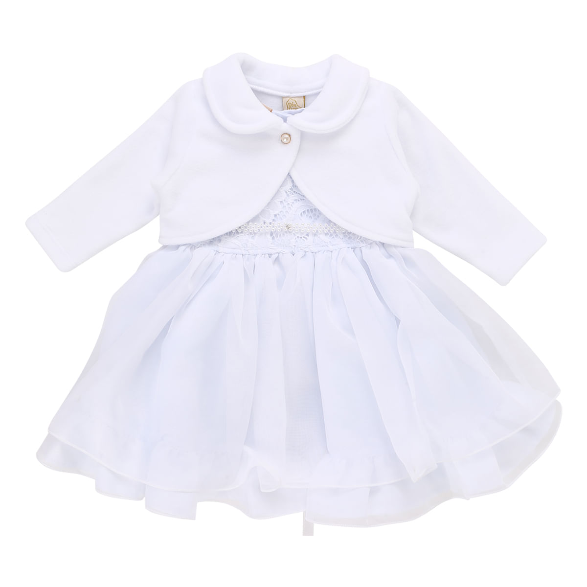 Vestido Cavado Bebe Din Don Com Pala Rendada Bolero Branco Brascol Vestido Cavado Bebe Din Don Com Pala Rendada Bolero Branco Brascol